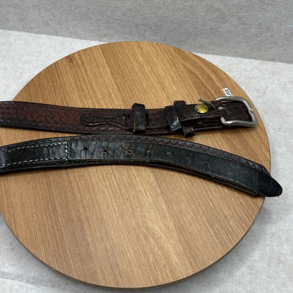 Distressed Leather Woven Embossed Belt‎ Silver Buckle Brown Well Worn Size 50